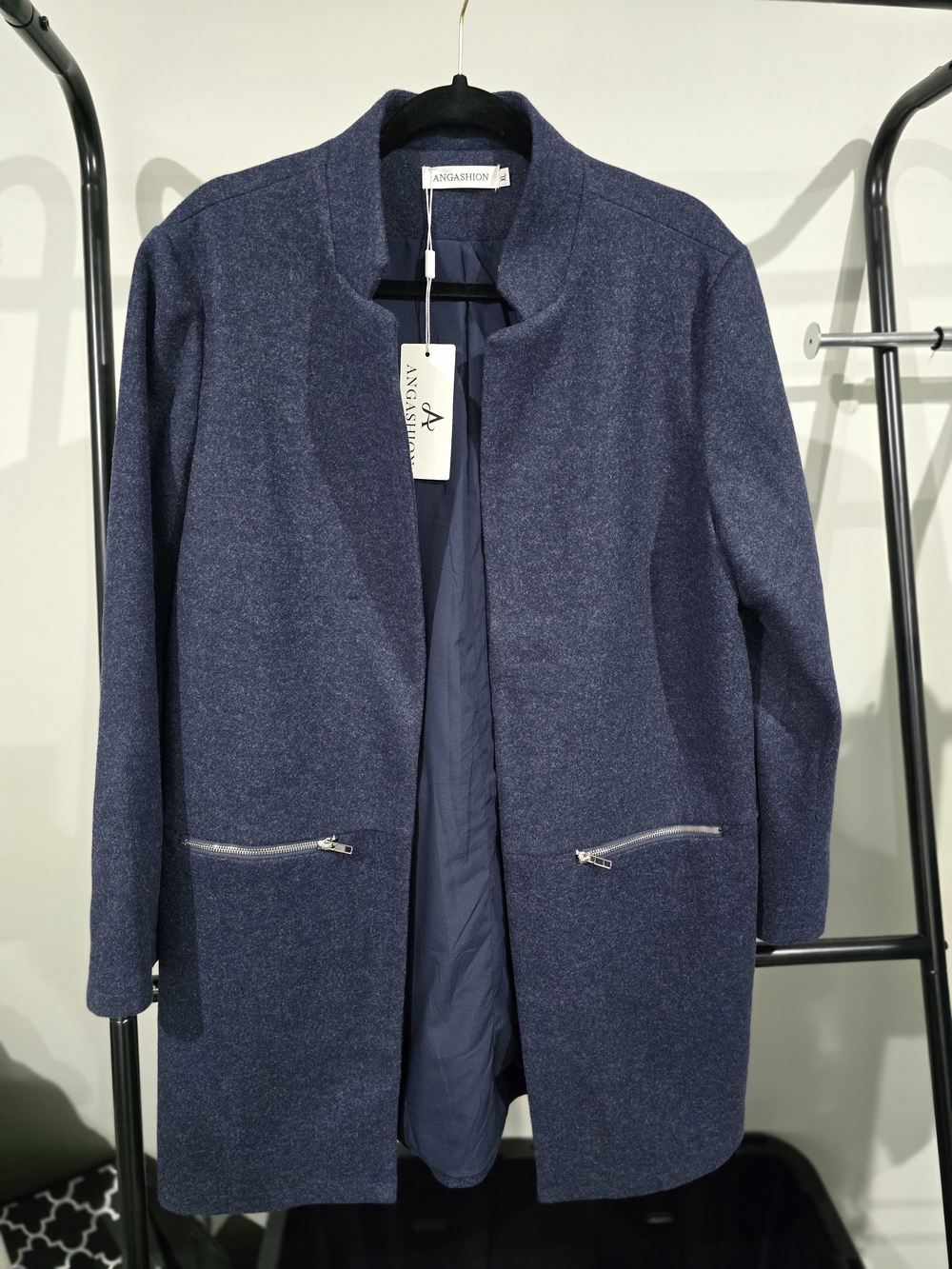 ANGASHION Women's Navy Wool-Blend Open Front Pea Coat